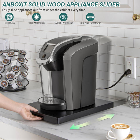 ANBOXIT Appliance Slider, Wooden Sliding Tray for Coffee Maker, Coffee Pot Slider for Counter, Kitchen Caddy Rolling Tray (Classic Black- Deep)