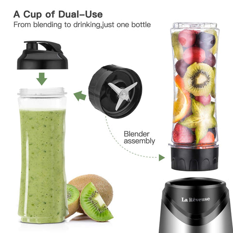 La Reveuse Licuadora Personal Smoothies 300W con Botella de Viaje 18 oz sin BPA, Plateada