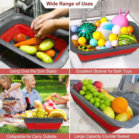 ROTTOGOON Colador Colgante Retráctil 7 Qt – Expandible para Fregadero, Silicona Apta para Alimentos, 15 a 19.9 pulgadas, Rojo