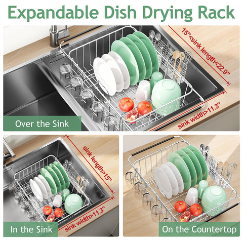 Fanbsy Dish Drying Rack in Sink, Extendable Stainless Steel Dish Drainers for Kitchen Counter, Anti-Rust Dish Dryer Rack with Utensil & Cup Holders, for Inside Sink, Over The Sink