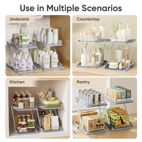 AUGBEAN Set de 3 Organizadores de Baño Multipropósito – 2 Niveles Deslizantes, Aluminio y ABS, Gris