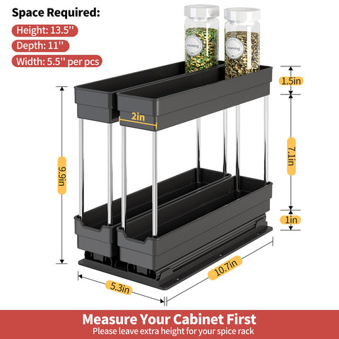 2 Pack Pull Out Spice Rack Organizer for Cabinet, Slide Out Seasoning Kitchen Organizer, Heavy Duty Spice Cabinet Organizers with Labels for Kitchen Pantry, 5.3" W x10.7 D x10 H, 4 Drawers, 2-Tier