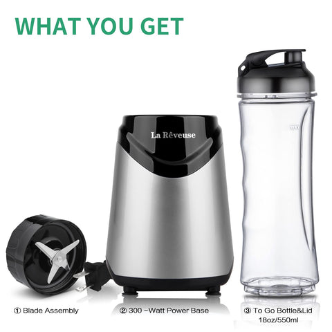 La Reveuse Licuadora Personal Smoothies 300W con Botella de Viaje 18 oz sin BPA, Plateada