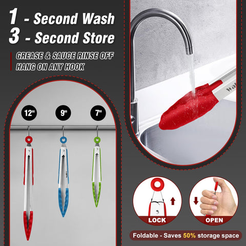 Walfos Pinzas de Silicona para Cocina - Juego de 3 (7 pulgadas, 9 pulgadas y 12 pulgadas) - Resistencia al Calor y Libres de BPA