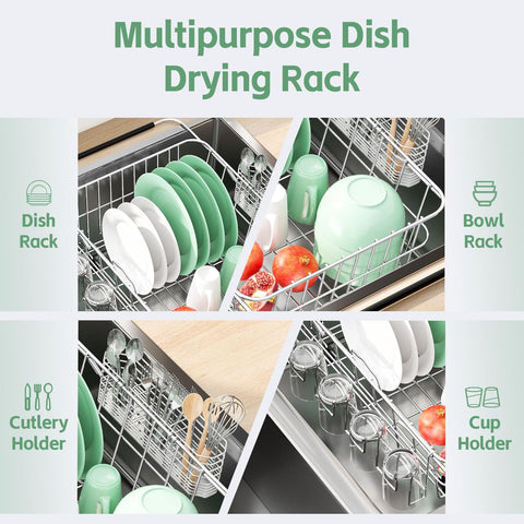 Fanbsy Dish Drying Rack in Sink, Extendable Stainless Steel Dish Drainers for Kitchen Counter, Anti-Rust Dish Dryer Rack with Utensil & Cup Holders, for Inside Sink, Over The Sink