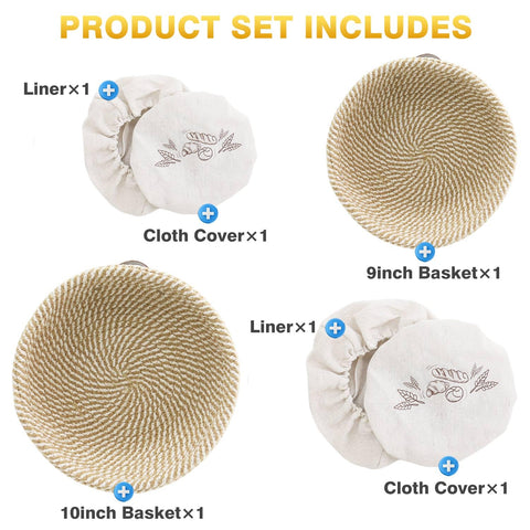Nikkar Banneton Bread Proofing Basket Set of 2, 9 Inch & 10 Inch Round Cotton Rope Sourdough Bread Baking Supplies Proofing Bowls with Liners & Covers Gifts for Bakers Women Wife Mom