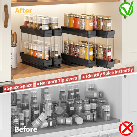 2 Pack Pull Out Spice Rack Organizer for Cabinet, Slide Out Seasoning Kitchen Organizer, Heavy Duty Spice Cabinet Organizers with Labels for Kitchen Pantry, 5.3" W x10.7 D x10 H, 4 Drawers, 2-Tier