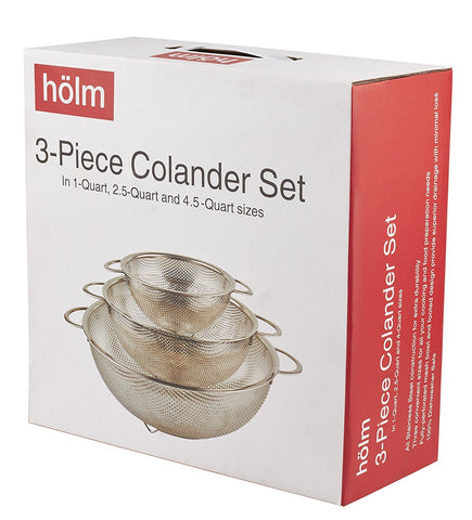 HÖLM Juego de 3 Coladores de Acero Inoxidable con Malla Microperforada (1, 2.5 y 4.5 cuartos)