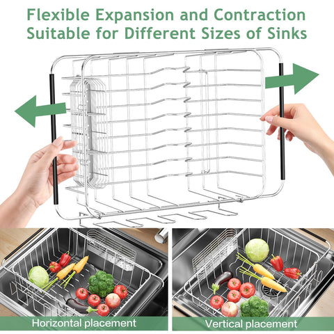 Fanbsy Dish Drying Rack in Sink, Extendable Stainless Steel Dish Drainers for Kitchen Counter, Anti-Rust Dish Dryer Rack with Utensil & Cup Holders, for Inside Sink, Over The Sink