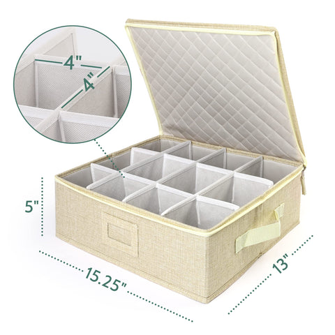 LotFancy Cup and Mug Storage Box, Hard Shell, China Coffee Mug Storage Container for Moving, Holds 12 Tea Cups, with Dividers & Handles, Beige