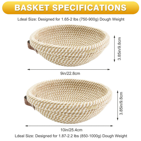 Nikkar Banneton Bread Proofing Basket Set of 2, 9 Inch & 10 Inch Round Cotton Rope Sourdough Bread Baking Supplies Proofing Bowls with Liners & Covers Gifts for Bakers Women Wife Mom