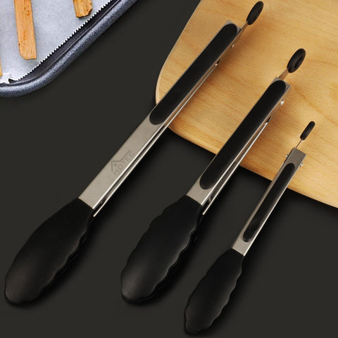 HOTEC Pinzas de Cocina de Acero Inoxidable con Puntas de Silicona – Set de 3 Piezas (7pulgadas, 9pulgadas y 12pulgadas) Negro