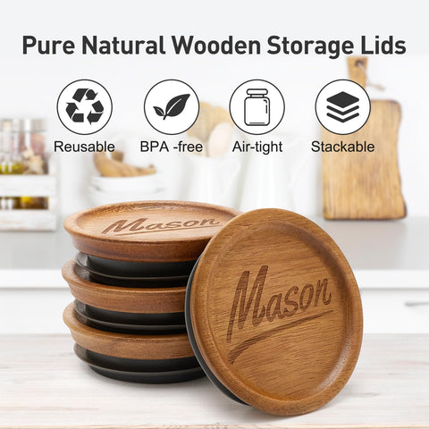Hilislog 12 Pack Wooden Mason Jar Lids for Regular Mouth Jars – Acacia Wood with Silicone Seal