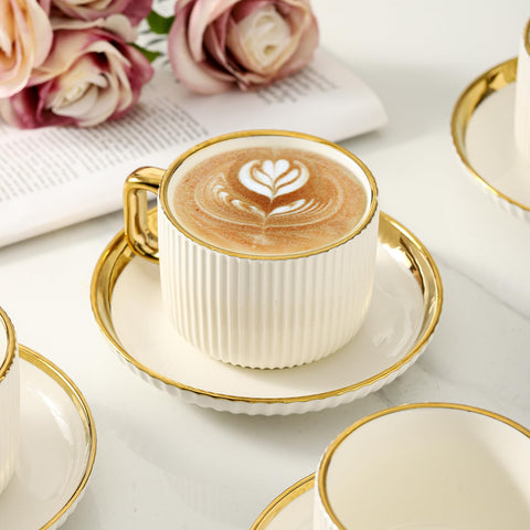LETAOTAO Tazas cappuccino con platillos – 8oz, latte art, borde dorado, juego de 4