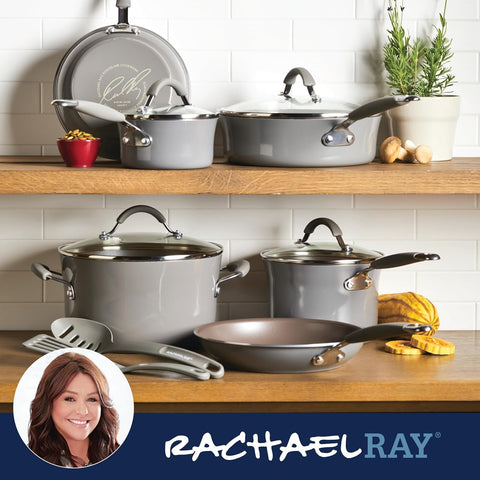 Rachael Ray Cucina – Juego de Ollas y Sartenes Antiadherentes de 12 Piezas, Gris Sal Marina