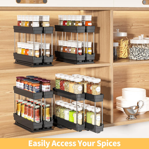 2 Pack Pull Out Spice Rack Organizer for Cabinet, Slide Out Seasoning Kitchen Organizer, Heavy Duty Spice Cabinet Organizers with Labels for Kitchen Pantry, 5.3" W x10.7 D x10 H, 4 Drawers, 2-Tier