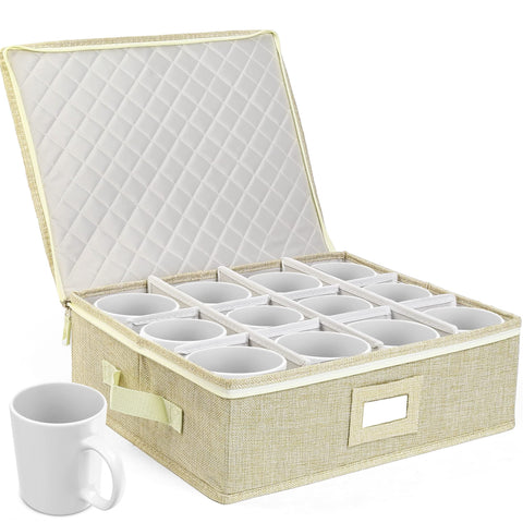 LotFancy Cup and Mug Storage Box, Hard Shell, China Coffee Mug Storage Container for Moving, Holds 12 Tea Cups, with Dividers & Handles, Beige