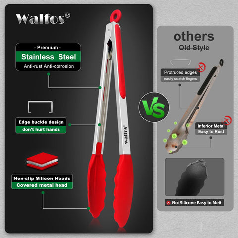 Walfos Pinzas de Silicona para Cocina - Juego de 3 (7 pulgadas, 9 pulgadas y 12 pulgadas) - Resistencia al Calor y Libres de BPA