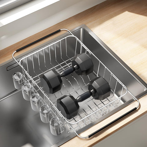 Fanbsy Dish Drying Rack in Sink, Extendable Stainless Steel Dish Drainers for Kitchen Counter, Anti-Rust Dish Dryer Rack with Utensil & Cup Holders, for Inside Sink, Over The Sink