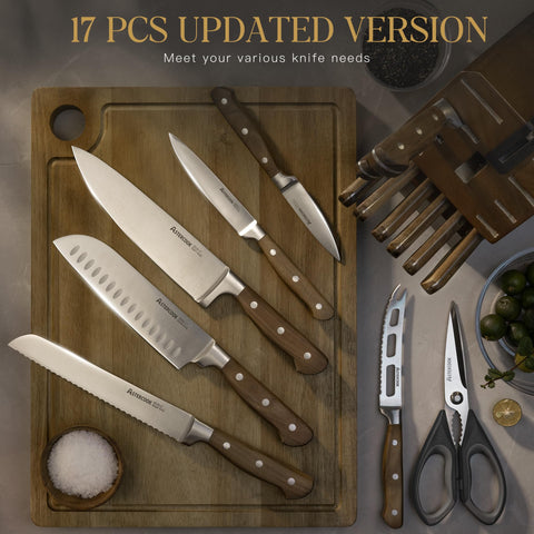 Astercook: Juego de Cuchillos Forjados de 17 Piezas con Bloque de Madera | Cuchillos Profesionales