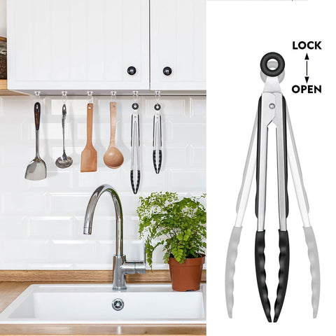 HOTEC Pinzas de Cocina de Acero Inoxidable con Puntas de Silicona – Set de 3 Piezas (7pulgadas, 9pulgadas y 12pulgadas) Negro