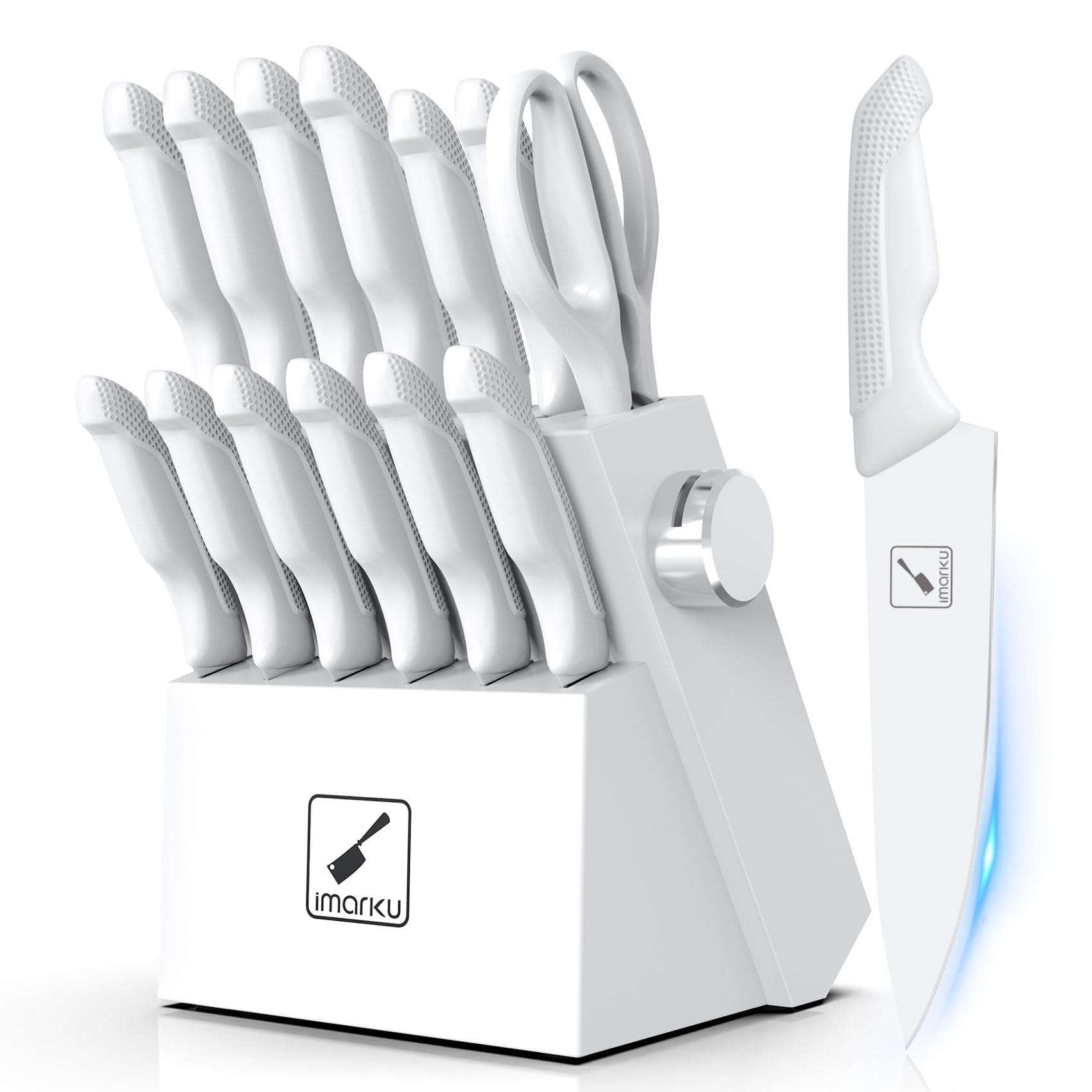 imarku 14-piece knife set with block and sharpener offers organized storage for quick prep