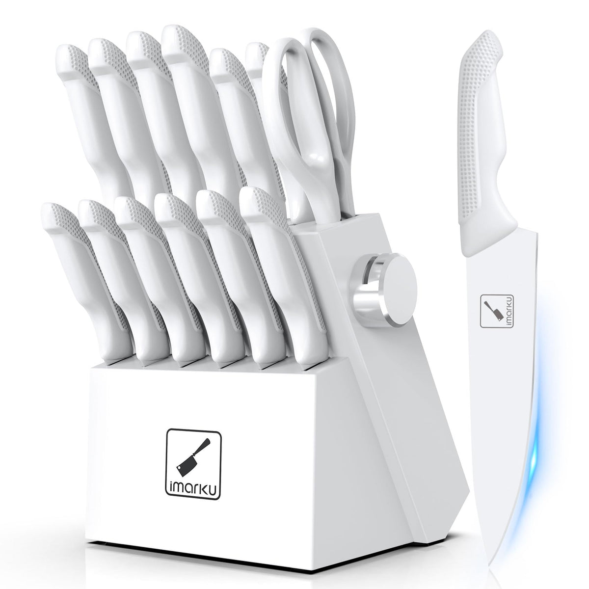 imarku 14-piece knife set with block and sharpener offers organized storage for quick prep