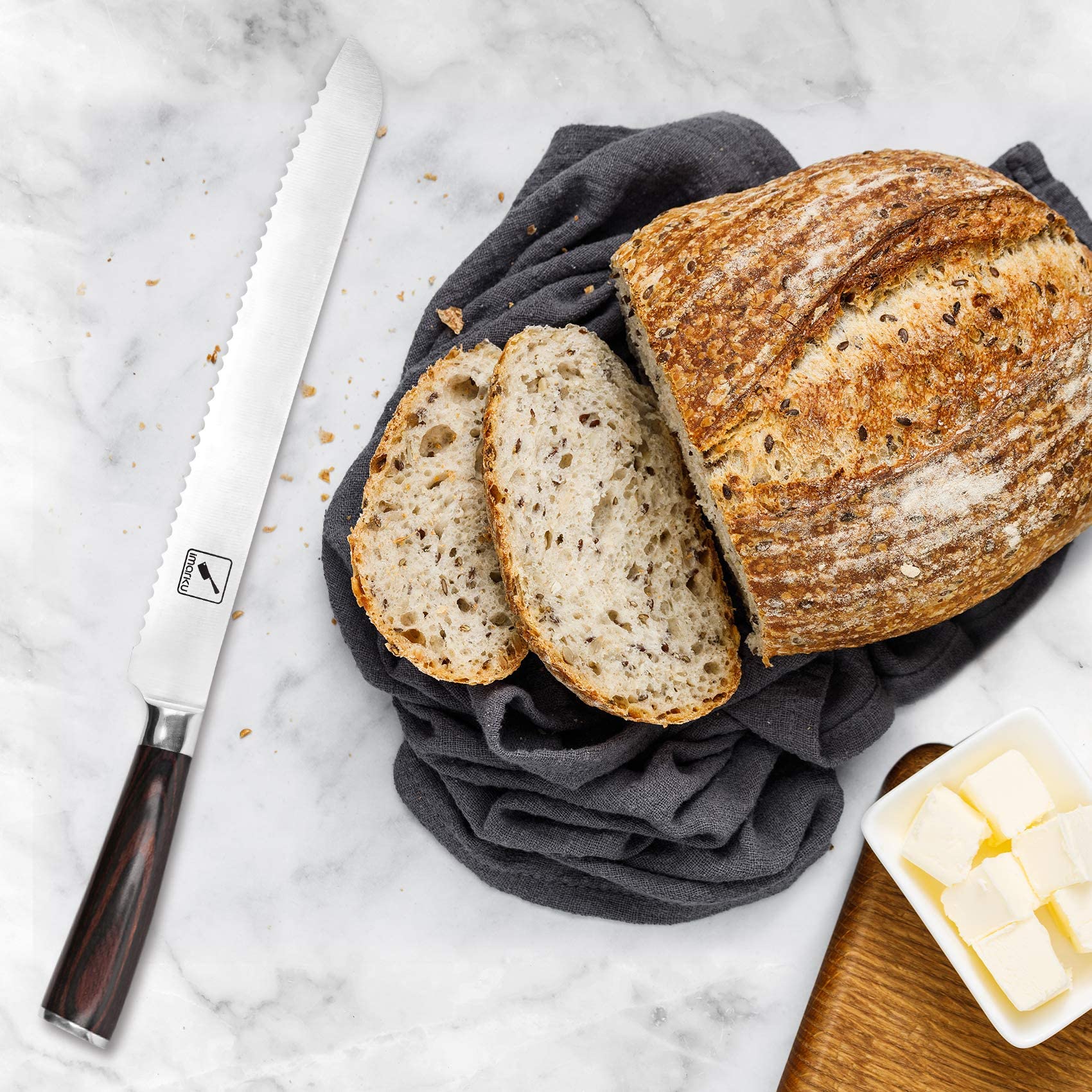 Imarku bread knife ergonomic wood handle for comfortable, precise cuts