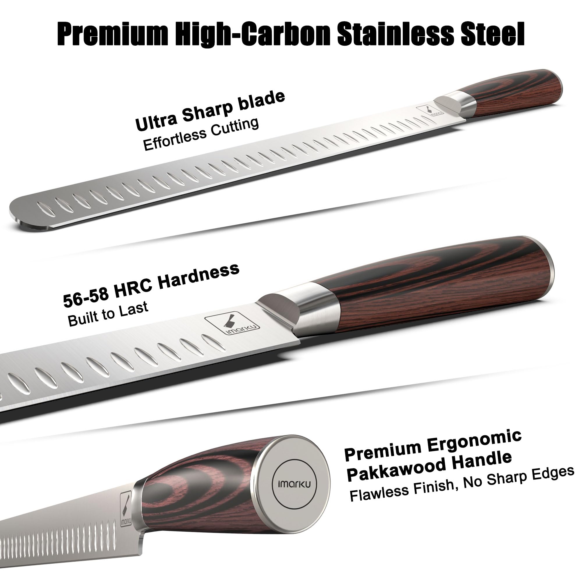 imarku Brisket Knife ergonomic pakkawood handle ready for comfortable long carving sessions.