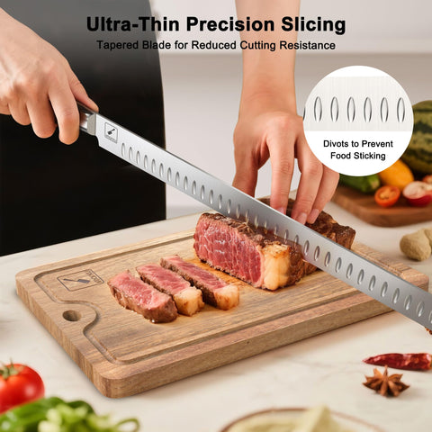 imarku Brisket Knife long blade presentation preserves meat form and appeal.