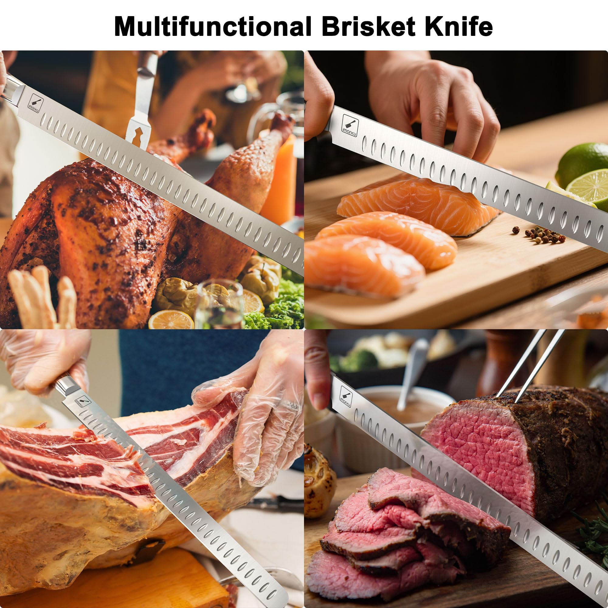 imarku Brisket Knife wooden handle detail highlights natural grip.