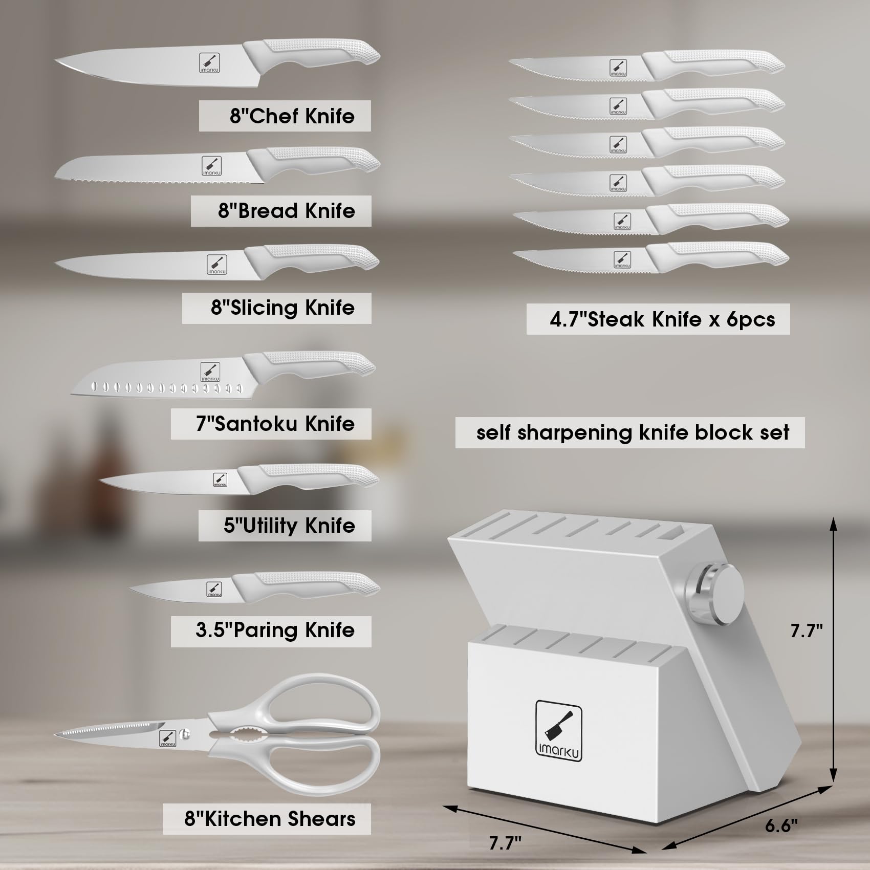 Imarku wooden block with built-in sharpener keeps blades sharp.