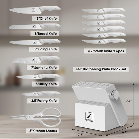 Imarku wooden block with built-in sharpener keeps blades sharp.