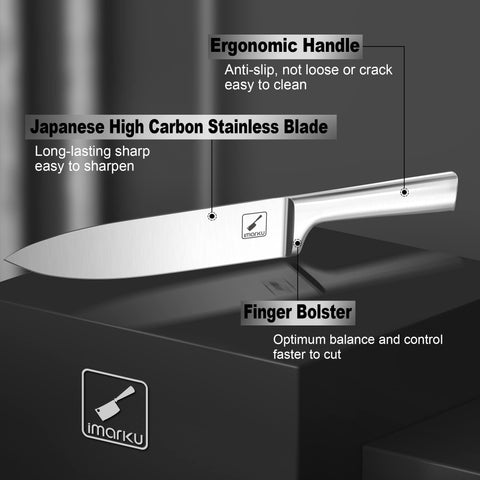 Imarku chef knife close-up shows ultra sharp blade and balanced feel.
