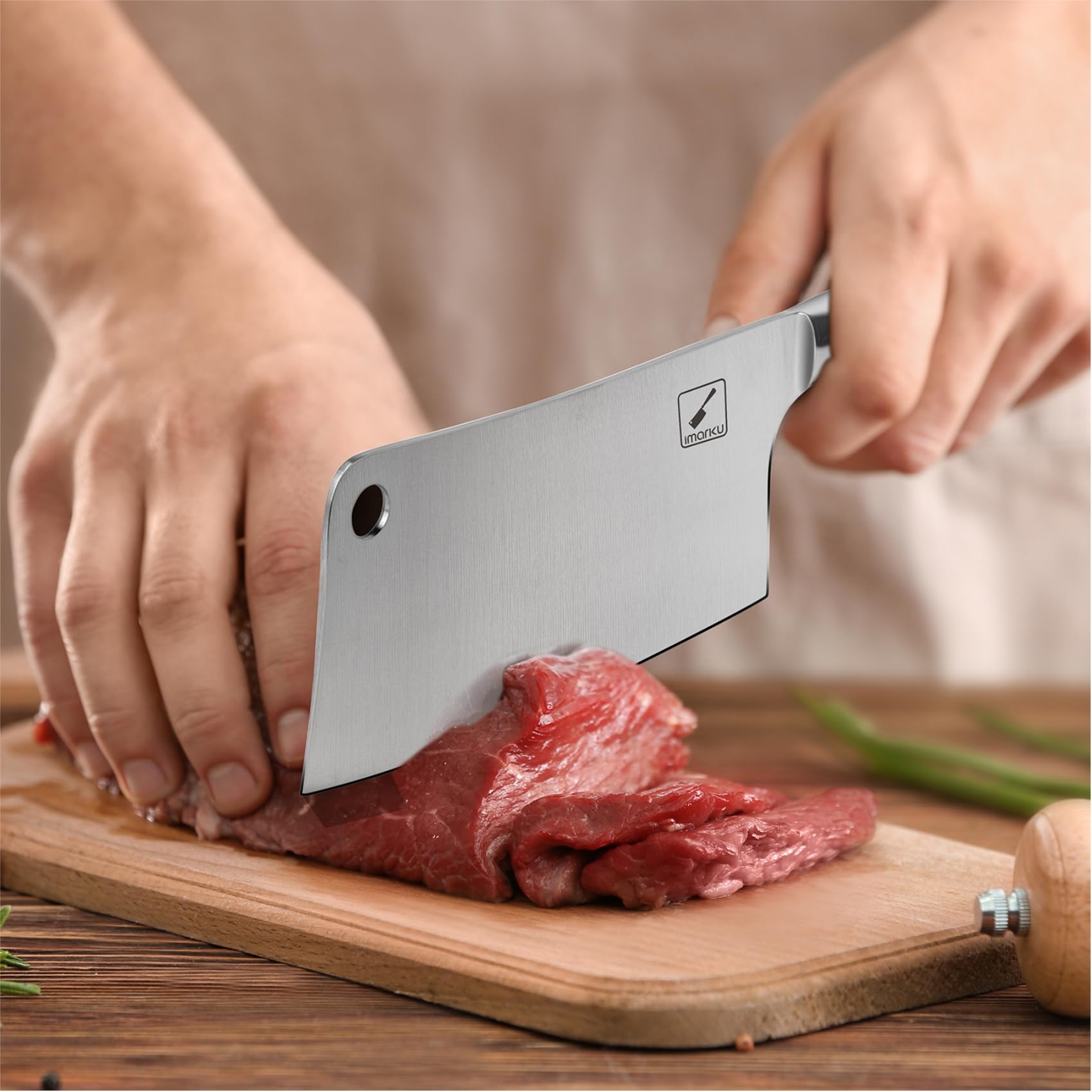 Imarku 7-inch cleaver ergonomic PakkaWood handle grip.