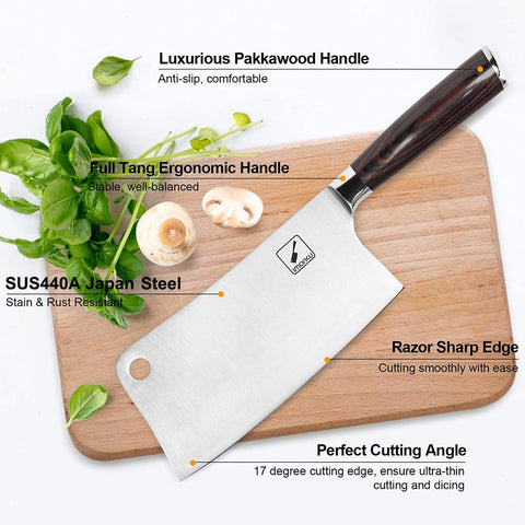 Imarku 7-inch cleaver with SUS440A steel for rust resistance.
