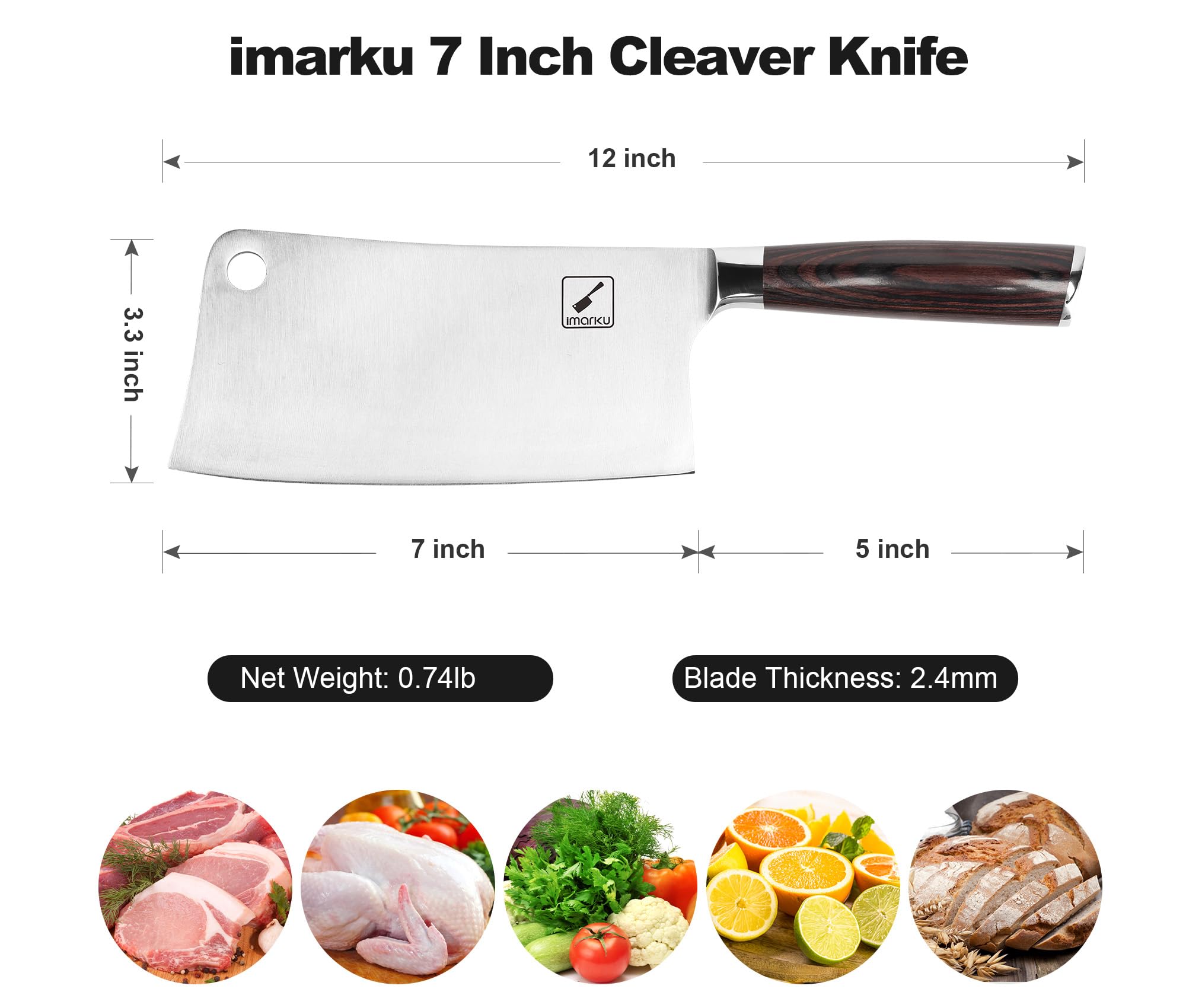 Imarku 7-inch cleaver edge close-up showing ultra-sharp 18° angle.