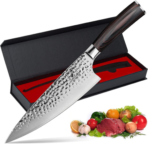 Imarku Damascus 8-inch knife blade close-up showing sharp edge for precise cuts.