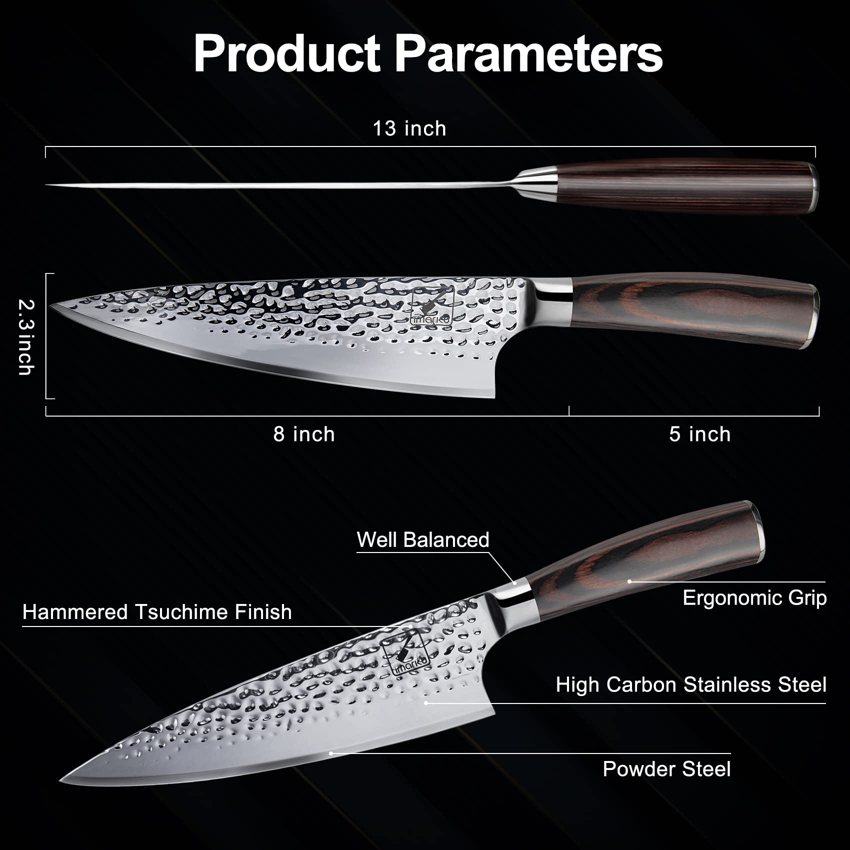 Imarku Damascus 8-inch knife cuts vegetables smoothly on a board.