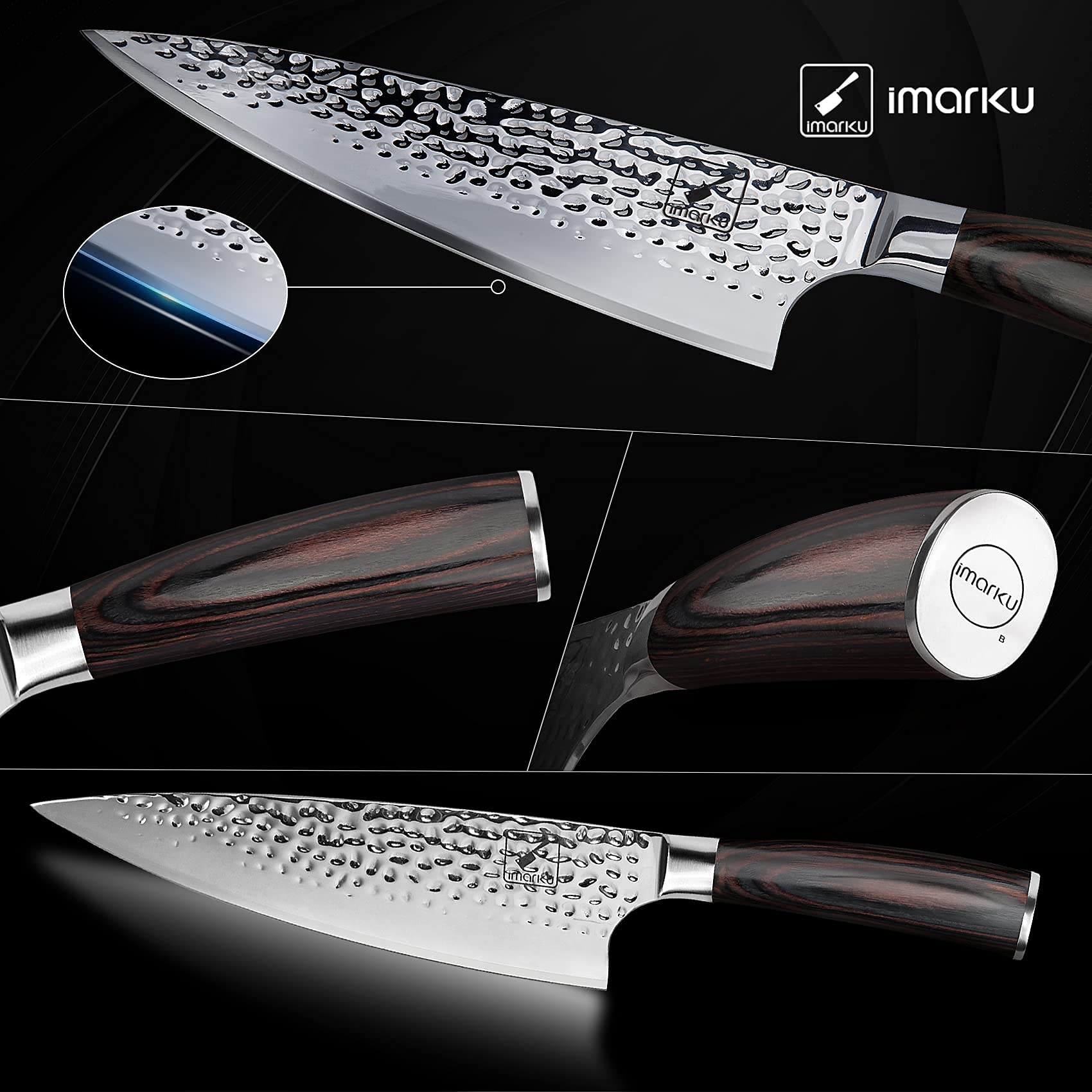 Imarku Damascus ergonomic wood handle for comfortable grip during prep.