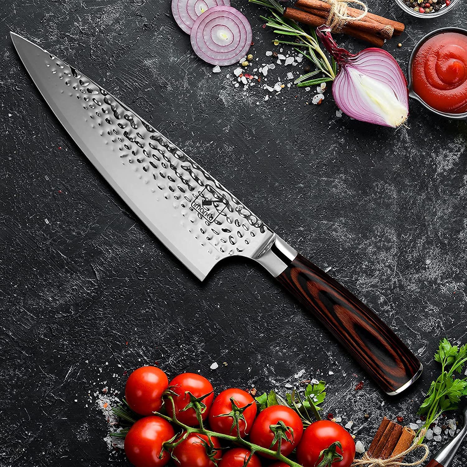 Imarku Damascus knife on cutting board ready for daily cooking.