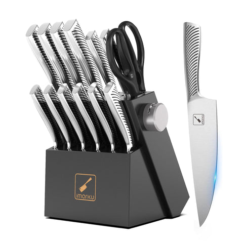 imarku knife block set block: sturdy wooden storage keeps blades organized and protected.