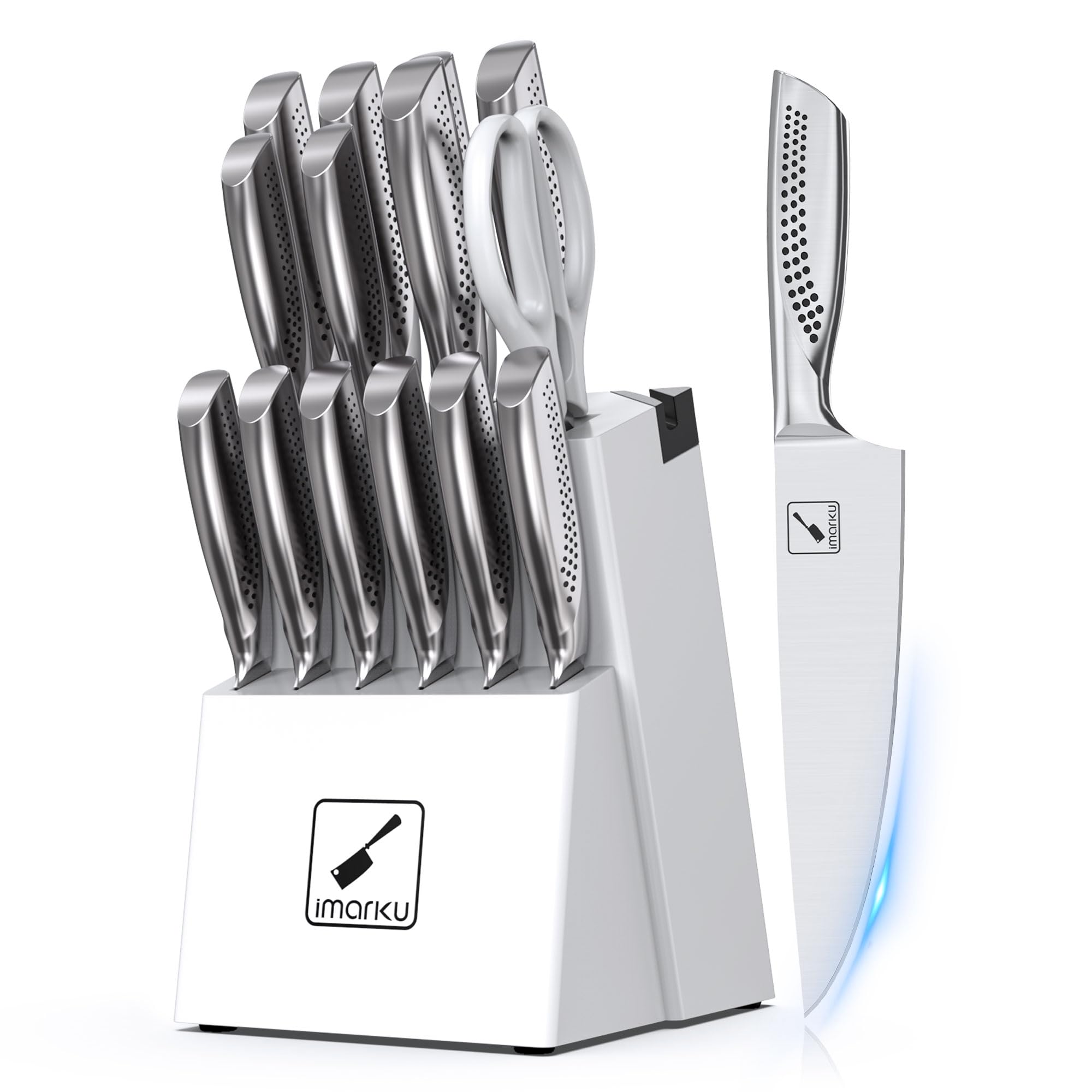 imarku knife set 15-piece block with built-in sharpener shown for precision prep