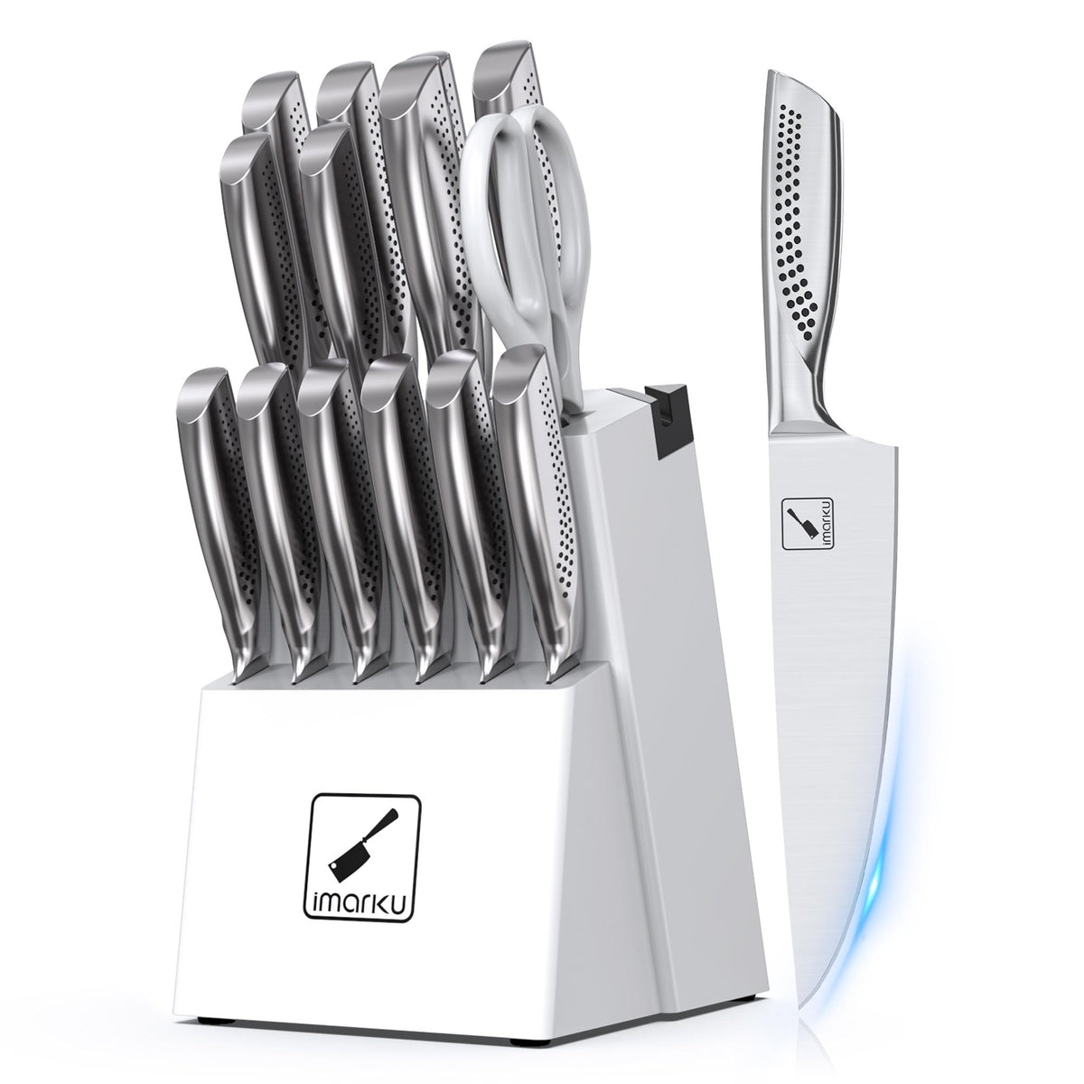 imarku knife set 15-piece block with built-in sharpener shown for precision prep