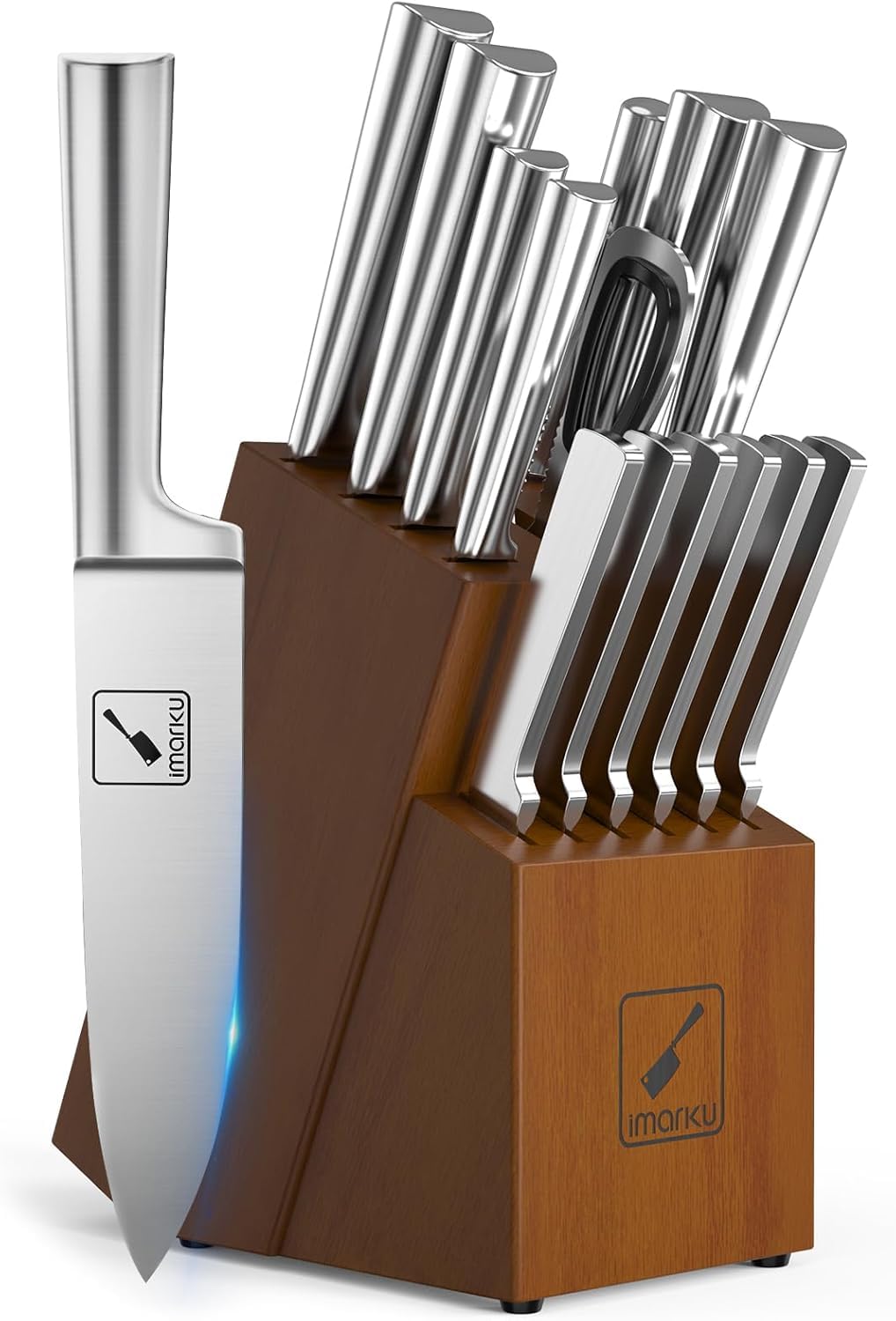 Imarku knife set block and sharpener shown for durable storage and easy upkeep.