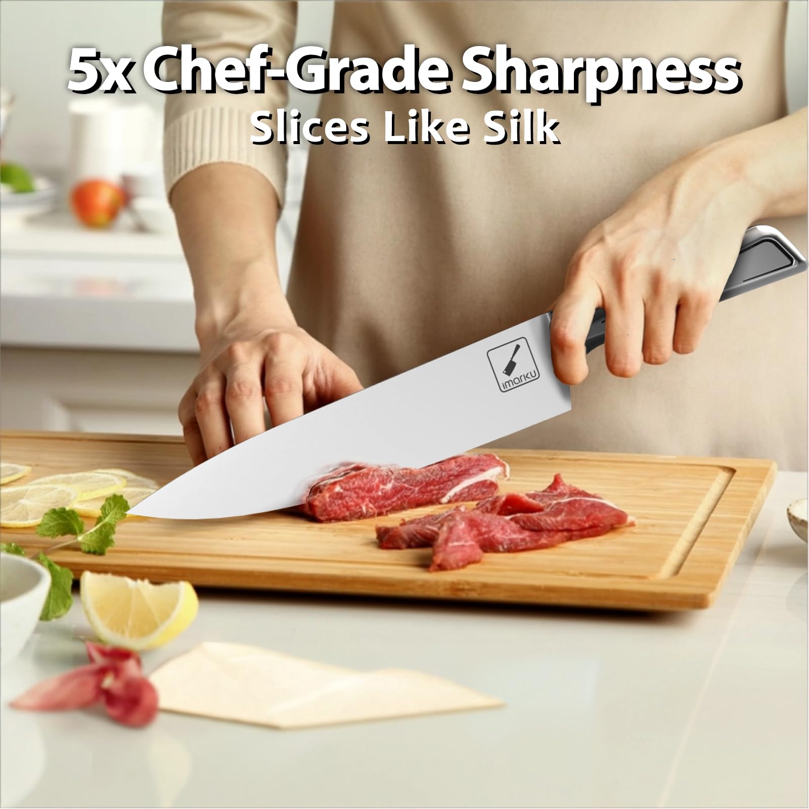 imarku eight-inch chef knife close-up highlighting ultra sharp edge