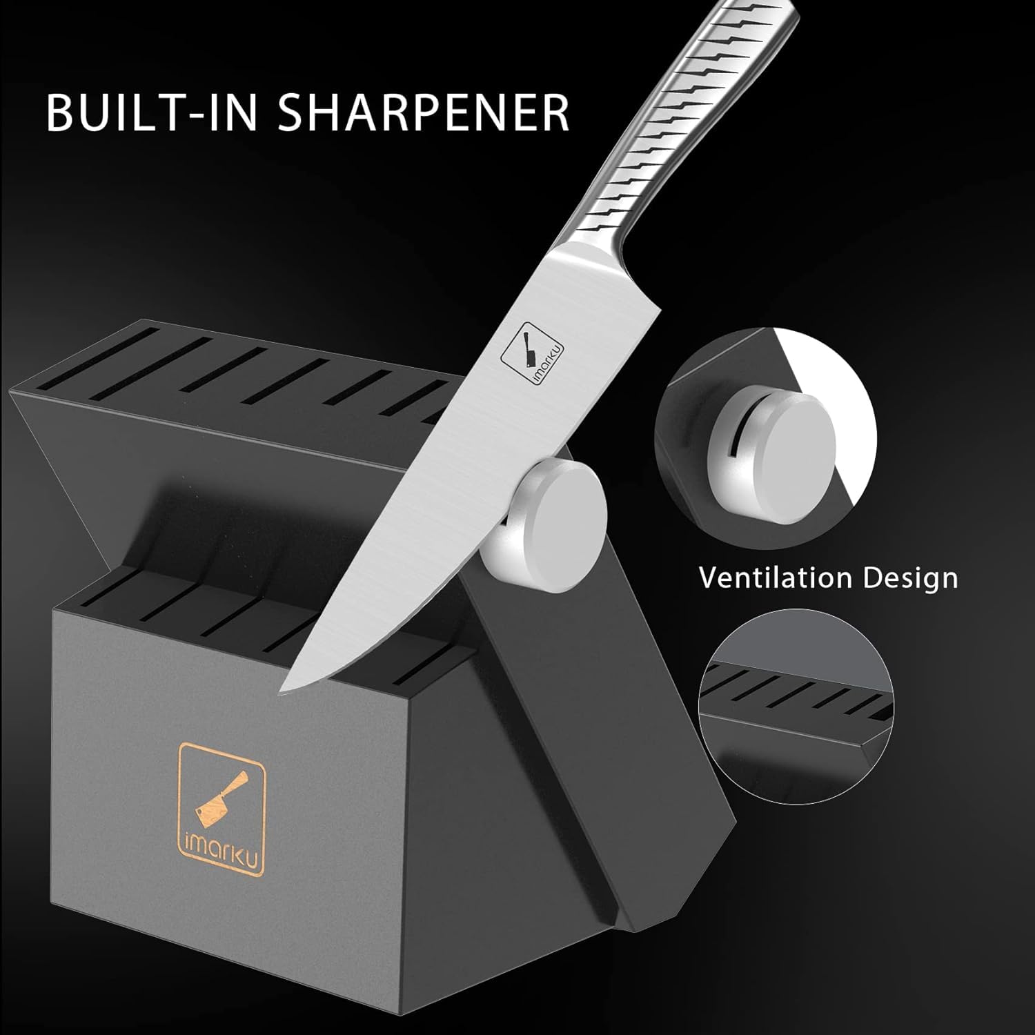 Imarku knife set in natural acacia block keeps blades safely organized within reach.