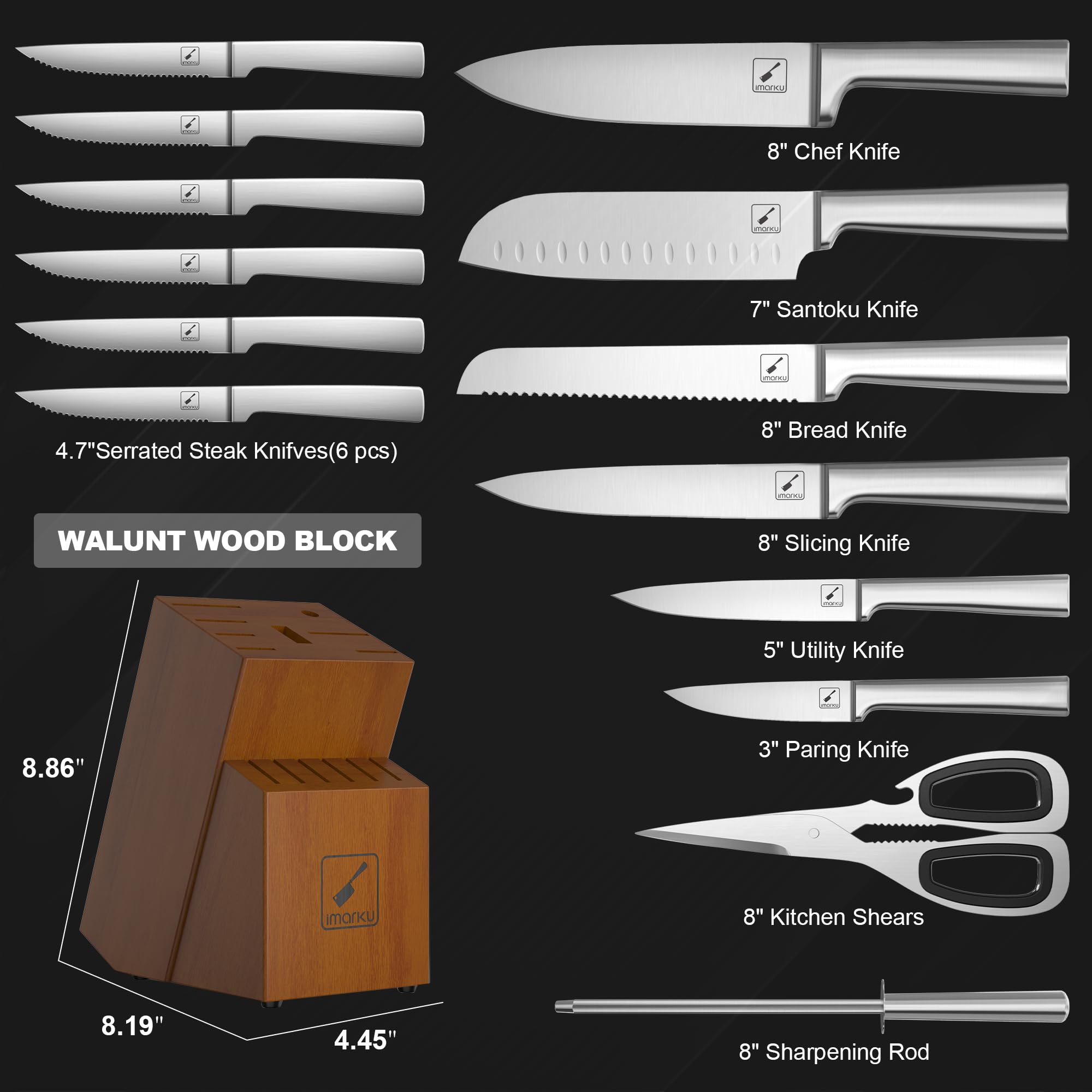 Imarku knife set wooden block demonstrates neat organization and space-saving design.