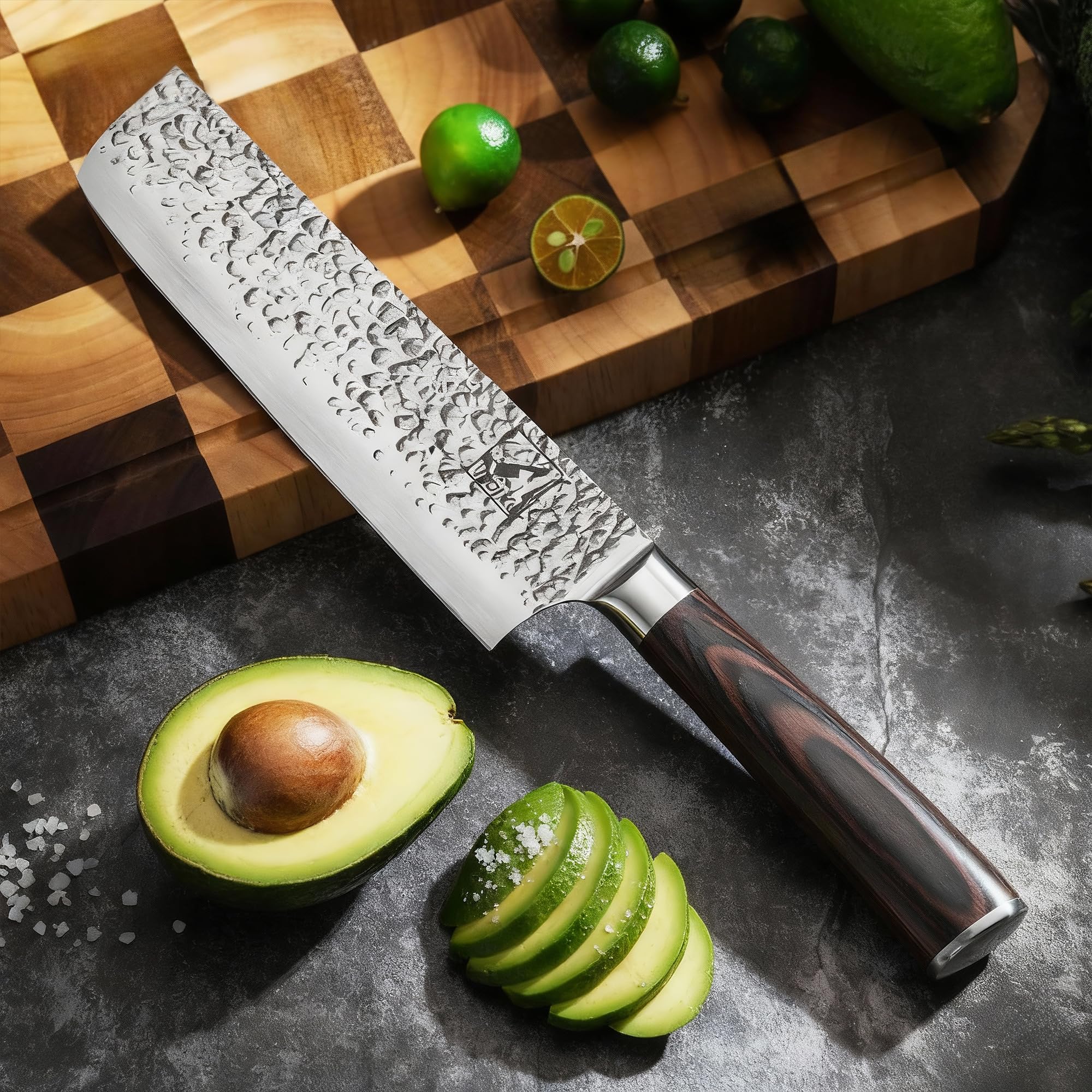 imarku Nakiri Knife anti-stick hammered finish reduces drag for smoother cuts