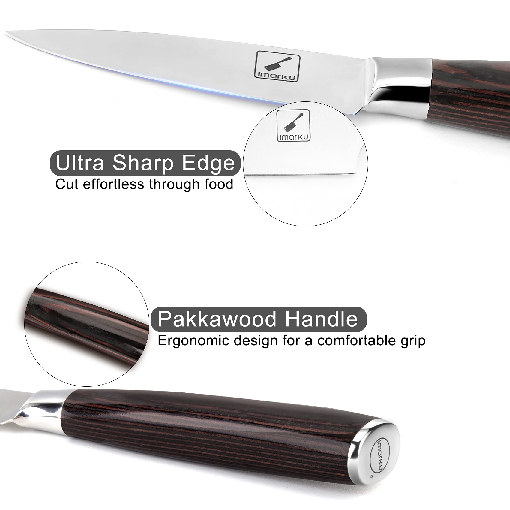 Imarku Paring Knife showing ergonomic pakkawood handle for comfortable extended use